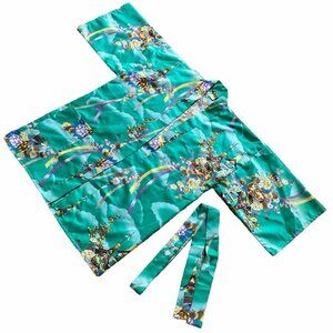 Marukyo Short Kimono Robe Teal Green Floral Temple Print Made in Japan One Size